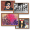 Vier Vorschaubilder zeigen Kunstwerke: zwei Portraits, ein abstraktes Gemälde und ein Schwarz-Weiß-Foto einer Gruppe von Menschen.