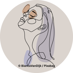 Minimalistische Linienzeichnung eines Frauenprofils mit geschlossenen Augen und nach oben geneigtem Kopf, überlagert von abstrakten Farbflächen.