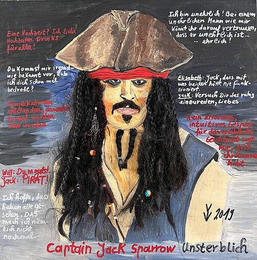 Porträt von Captain Jack Sparrow mit echtem, geflochtenem Haar und handschriftlichen Zitaten auf dunklem Hintergrund.