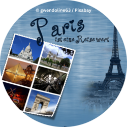 Collage mit Sehenswürdigkeiten von Paris (Eiffelturm, Sacré-Cœur, Notre-Dame, Louvre, Metrostation, Moulin Rouge, Triumphbogen) und Schriftzug „Paris ist eine Reise wert“ vor blauem Hintergrund.