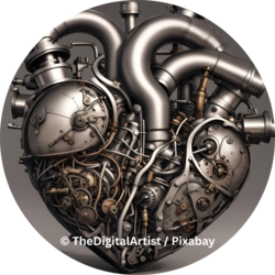 Herzförmige Konstruktion aus Metallrohren, Zahnrädern und mechanischen Bauteilen, die wie ein komplexer Maschinenmotor aufgebaut ist.