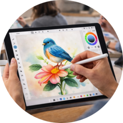 Tablet mit Zeichen-App: Eine Hand malt mit einem Stift einen blauen Vogel auf einer rosa Blume.