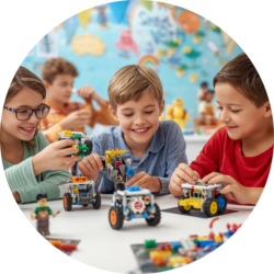 Mehrere Kinder sitzen an einem Tisch und bauen gemeinsam LEGO-Spike-Roboterfahrzeuge.