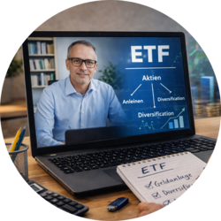 Laptop mit Video-Call: Ein Mann erklärt das Thema „ETF“, daneben eine Grafik mit Begriffen wie Aktien, Anleihen und Diversifikation; davor liegt ein Notizblock mit Stichworten zu ETF-Anlagen.