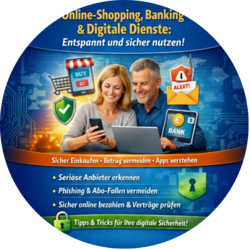 Grafik zum Thema „Online-Shopping, Banking & digitale Dienste sicher nutzen“: Ein lächelndes Paar sitzt mit Smartphone und Laptop am Tisch, umgeben von Symbolen für Einkauf, Sicherheit, Phishing-Warnung und Online-Banking. Dazu Hinweise wie „Betrug vermeiden“ und „Phishing vermeiden“.
