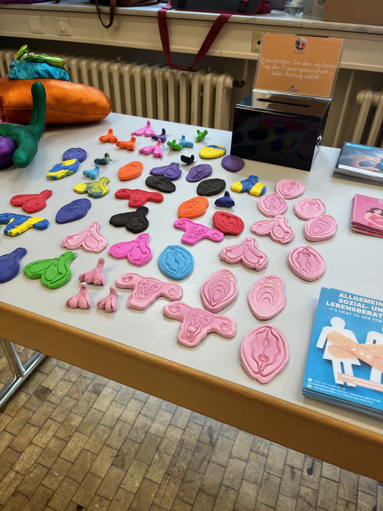 Auf einem Informationstisch liegen bunte Modelle verschiedener weiblicher Geschlechtsorgane. Daneben stehen Informationsmaterial und eine Spendenbox für den nächsten Tag der Frauengesundheit.